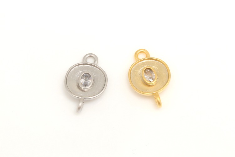 M323-Matt Gold Plated&amp;Matt Rhodium Plated-(2pcs)-8*13mm-Tiny Coin Ellipse Cubic Charms-2Hole CZ Dangle Connector-Color Option, [PRODUCT_SEARCH_KEYWORD], JEWELFINGER-INBEAD, [CURRENT_CATE_NAME]