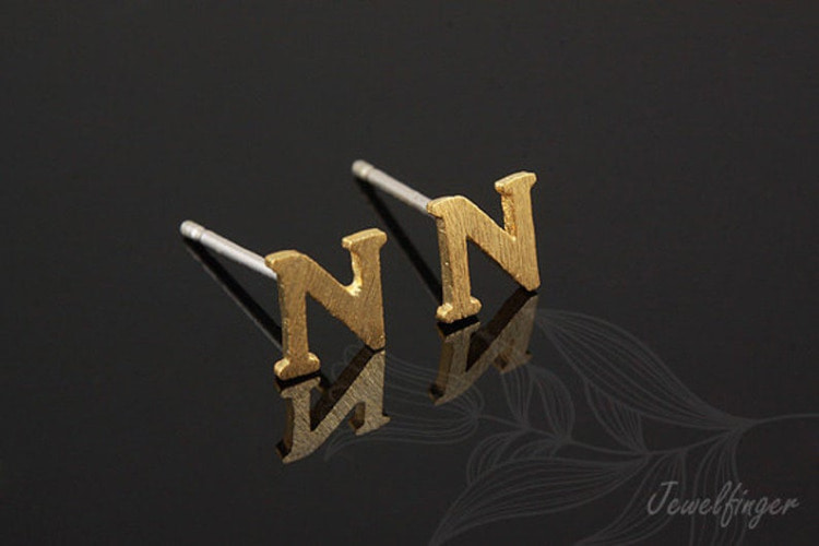 K1222-Gold Plated (1pairs)-Sand Grinding Treatment-Initial N-Initial Earrings-Silver Post, [PRODUCT_SEARCH_KEYWORD], JEWELFINGER-INBEAD, [CURRENT_CATE_NAME]
