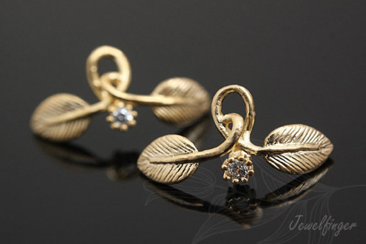 M585-Matt Gold Plated-(2pcs)-CZ Leaf Charm-Jewelry Making-Wholesale Jewelry Finding-Jewelry Supplies-Wholesale Charm, [PRODUCT_SEARCH_KEYWORD], JEWELFINGER-INBEAD, [CURRENT_CATE_NAME]