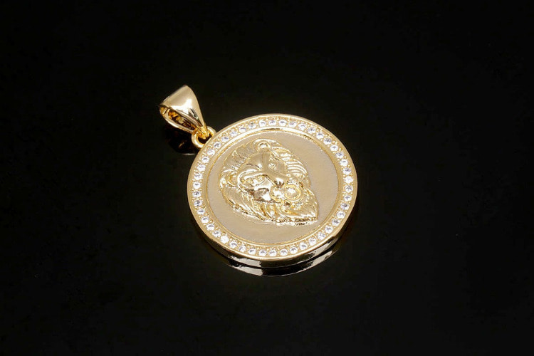 BC290-Gold Plated-(1piece)-Lion Head CZ Micro Pave Pendants-Lion Head Medallion Charm-Wholesale Pendants, [PRODUCT_SEARCH_KEYWORD], JEWELFINGER-INBEAD, [CURRENT_CATE_NAME]