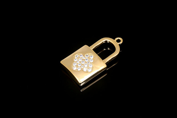 CH0040-Gold Plated-(1piece)-Cubic Clover Lock Charms-CZ Micro Pave Lock Pendant-Jewelry Making Supply-Wholesale Pendants, [PRODUCT_SEARCH_KEYWORD], JEWELFINGER-INBEAD, [CURRENT_CATE_NAME]