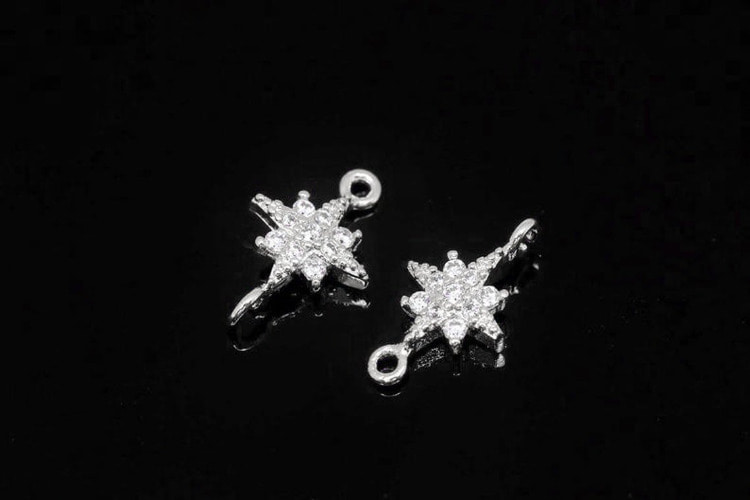 H1406-Rhodium Plated-(2pcs)-7mm CZ North Star Charm-Tiny North Star Connector-Wholesale Connectors, [PRODUCT_SEARCH_KEYWORD], JEWELFINGER-INBEAD, [CURRENT_CATE_NAME]