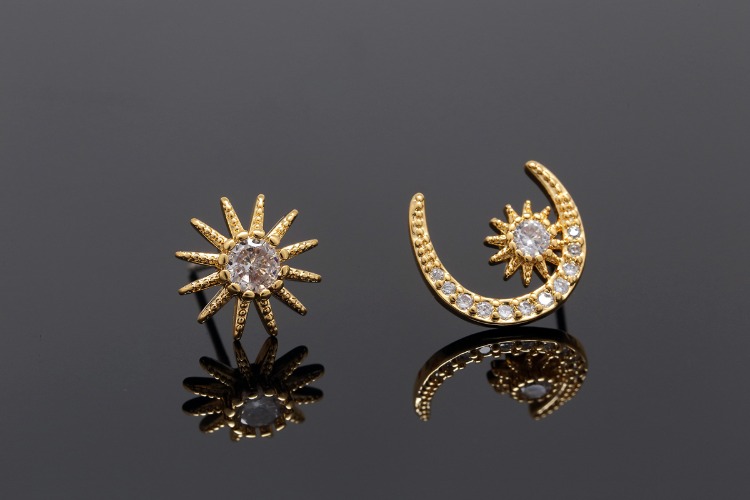 CH6065-Gold Plated (1pairs)-CZ Sun&amp;Moon Earrings-CZ Star Earrings-Everyday Jewelry-Wedding Jewelry-Silver Post, [PRODUCT_SEARCH_KEYWORD], JEWELFINGER-INBEAD, [CURRENT_CATE_NAME]