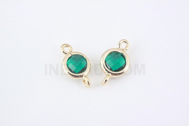 S957-Gold Plated-(2pcs)-Emerald Glass Circle Connector-5.2mm Circle Framed Glass Emerald-Wholesale Glass, [PRODUCT_SEARCH_KEYWORD], JEWELFINGER-INBEAD, [CURRENT_CATE_NAME]