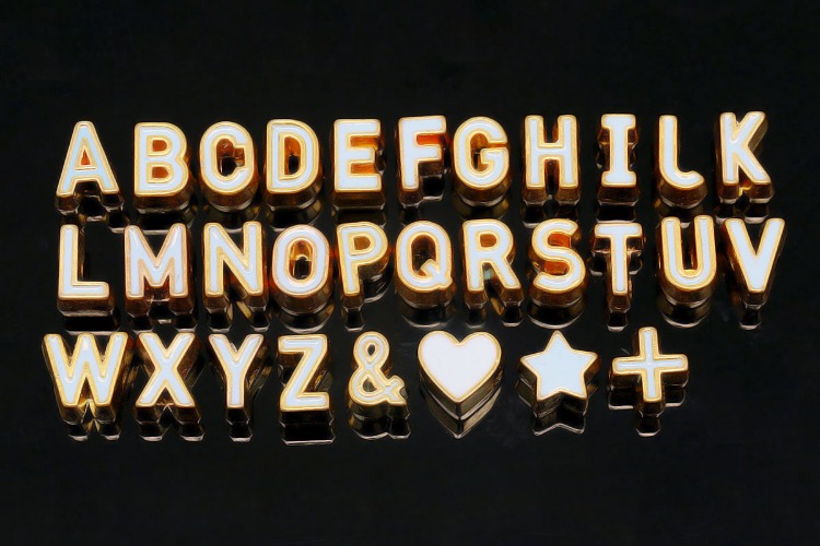 EM003-Gold Plated White Enamel Initial A~Z and &amp;, Heart, Cross, Start-(30pcs)-Double Sided Enamel Initial Beads,White Alphabet Beads,White &amp; Gold Outline Symbol Beads for Stretch Bracelets-Wholesale Initials, [PRODUCT_SEARCH_KEYWORD], JEWELFINGER-INBEAD, [CURRENT_CATE_NAME]