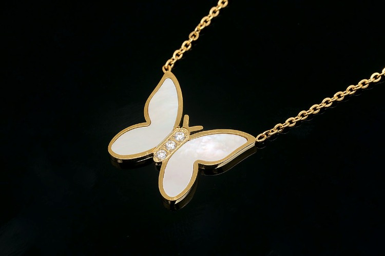 ST017-PVD Gold Plated-(1piece)-Stainless Steel Shell &amp; CZ Butterfly Pendant Necklace,Tarnish Free Gold Necklaces for Women,Mother Of Pearl Necklace-Wholesale Chain, [PRODUCT_SEARCH_KEYWORD], JEWELFINGER-INBEAD, [CURRENT_CATE_NAME]