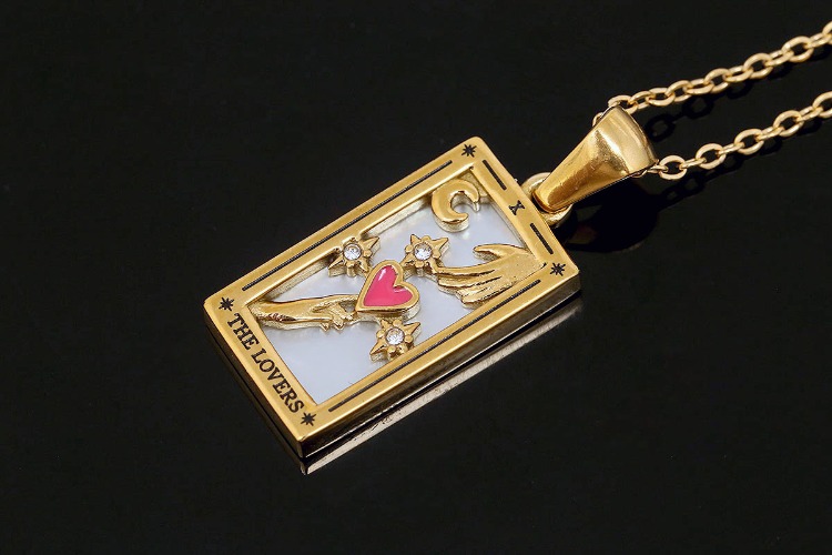 [W] ST003-PVD Gold Plated-(5pcs)-THE LOVERS-Stainless Steel Tarot Zodiac Card  Necklace, Enamel Tarot Card Boho Pendant ,Horoscope Necklace,Waterproof-Wholesale Zodiac, [PRODUCT_SEARCH_KEYWORD], JEWELFINGER-INBEAD, [CURRENT_CATE_NAME]