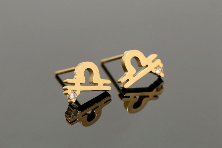 ST001-PVD Gold Plated-(1pairs)-9*7mm Libra-CZ Stainless Steel Zodiac Horoscope Stud Earrings,Constellation Jewelry Birth Signs,Waterproof, Anti-allergic, Anti-tanish-Wholesale Zodiac, [PRODUCT_SEARCH_KEYWORD], JEWELFINGER-INBEAD, [CURRENT_CATE_NAME]