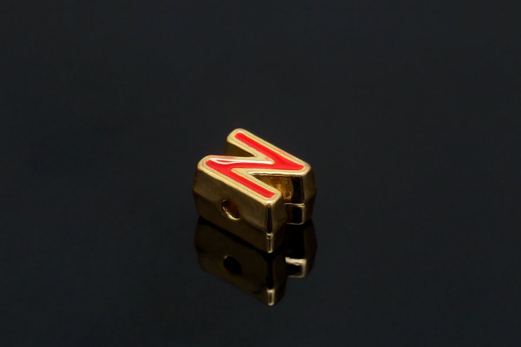 EM005-Gold Plated Red Enamel Initial N-(1piece)-Double Sided Enamel Initial Beads,Red Alphabet Beads,Red &amp; Gold Outline Symbol Beads for Stretch Bracelets-Wholesale Initials, [PRODUCT_SEARCH_KEYWORD], JEWELFINGER-INBEAD, [CURRENT_CATE_NAME]