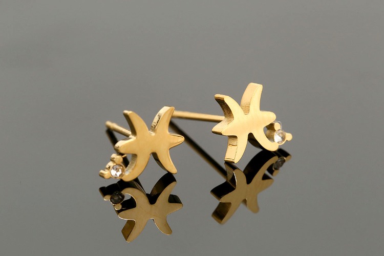 ST001-PVD Gold Plated-(1pairs)-8*7mm Pisces-CZ Stainless Steel Zodiac Horoscope Stud Earrings,Constellation Jewelry Birth Signs,Waterproof, Anti-allergic, Anti-tanish-Wholesale Zodiac, [PRODUCT_SEARCH_KEYWORD], JEWELFINGER-INBEAD, [CURRENT_CATE_NAME]