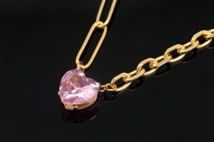 [W] ST020-PVD Gold Plated-(5pcs)-Stainless Steel Pink Heart Charm Necklace,Tarnish Free Gold Necklaces for Women,Enamel Heart Necklace,Birthday Gift-Wholesale Chain, [PRODUCT_SEARCH_KEYWORD], JEWELFINGER-INBEAD, [CURRENT_CATE_NAME]