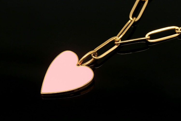 ST021-PVD Gold Plated-(1piece)-Stainless Steel Pink Heart Charm Necklace,Tarnish Free Gold Necklaces for Women,Enamel Heart Necklace,Birthday Gift-Wholesale Chain, [PRODUCT_SEARCH_KEYWORD], JEWELFINGER-INBEAD, [CURRENT_CATE_NAME]