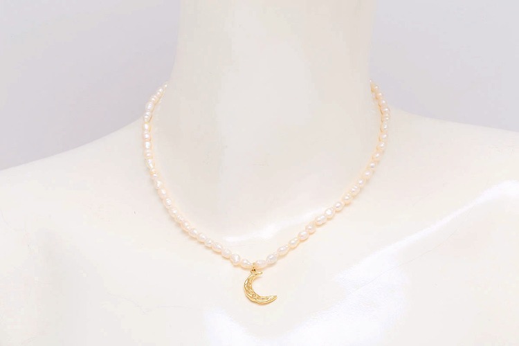 ST042-PVD Gold Plated-(1piece)-Stainless Rice Pearl Necklace,Fresh Water Pearl Moon Necklace,Real Pearl Crescent Moon Necklace,Necklace for Women-Wholesale Chain, [PRODUCT_SEARCH_KEYWORD], JEWELFINGER-INBEAD, [CURRENT_CATE_NAME]