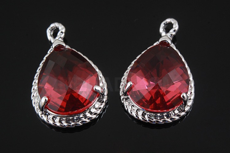 M786-Rhodium Plated-(2pcs)-Ruby Glass Drop Pendant-Framed Glass Ruby-Wholesale Glass, [PRODUCT_SEARCH_KEYWORD], JEWELFINGER-INBEAD, [CURRENT_CATE_NAME]