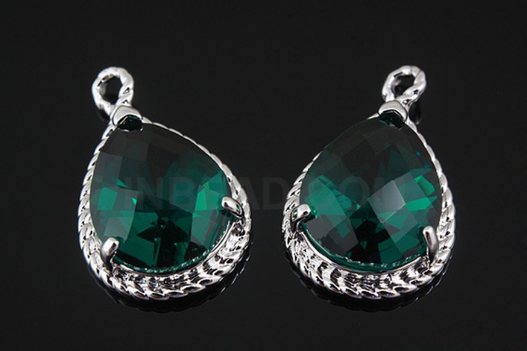 M772-Rhodium Plated-(2pcs)-Emerald Glass Drop Pendant-Framed Glass Emerald-Wholesale Glass, [PRODUCT_SEARCH_KEYWORD], JEWELFINGER-INBEAD, [CURRENT_CATE_NAME]